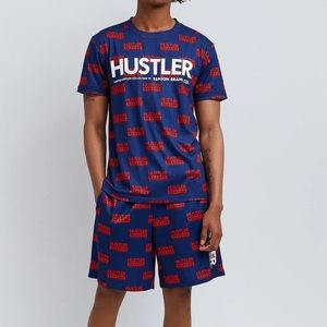 Hustler Logo Tee And Shorts Set Navy Blue and Red size Large